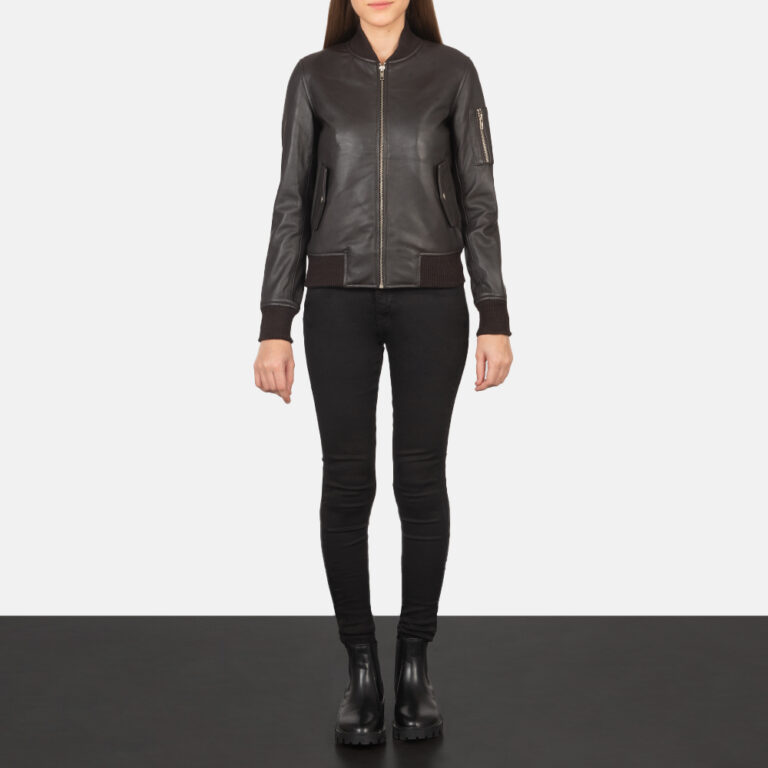 Womens Ava Ma-1 Brown Leather Bomber Jacket Full Length-2-1659371822061